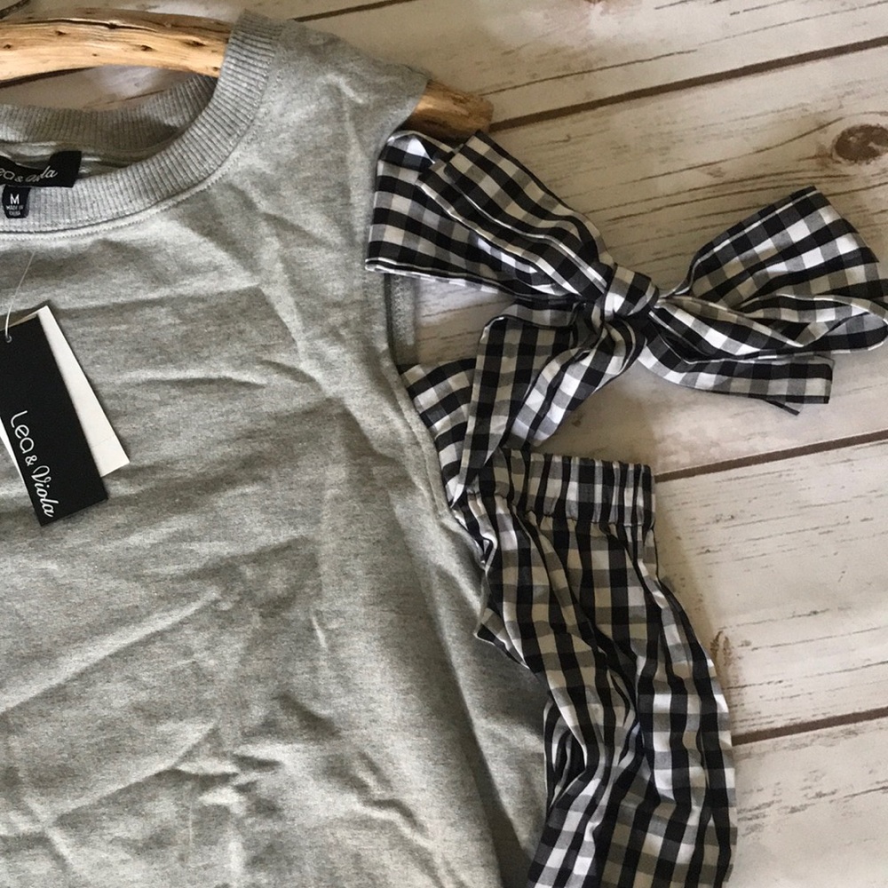 NWT Mixed Media gingham Cold Shoulder Sweater - Picture 3 of 4